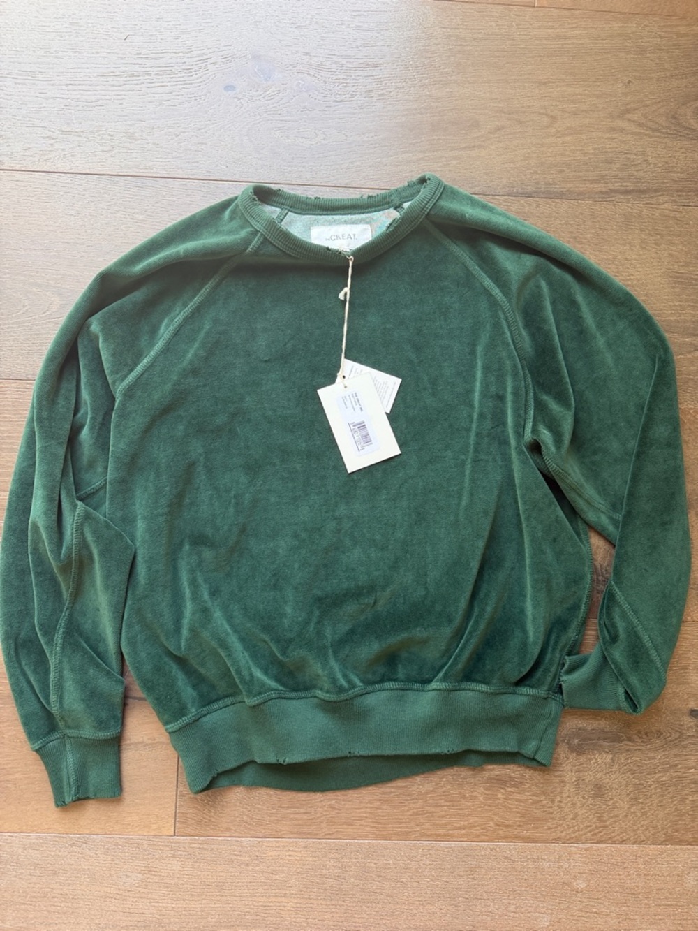 Women’s Forest Green Velour Crewneck Sweater. The GREAT, size 1